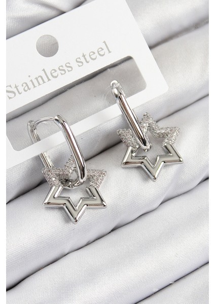 Pirinç Zirkon Taşlı Yıldız Model Gümüş Renk Kadın Küpe