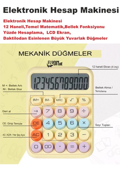 Renkli Büyük Düğmeli 14 Haneli Elektronik Hesap Makinesi, Temel Matematik ve Yüzde Hesaplama fiyatları