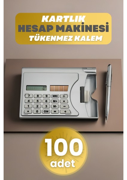 100 Adet Taşınabilir Güneş Enerjili Hesap Makinesi ve Cep Kalemi Seti