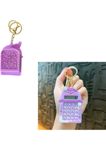 Lila Renkli Mini Hesap Makinesi ve Labirentli Anahtarlık, Eğlenceli Tasarım