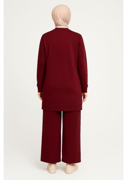 Kadın Bordo Tesettür Giyim Şık Zarif Kuş Taş Detaylı ve Bisiklet Yakatunik & Pantolon Ikili Takım fiyatları