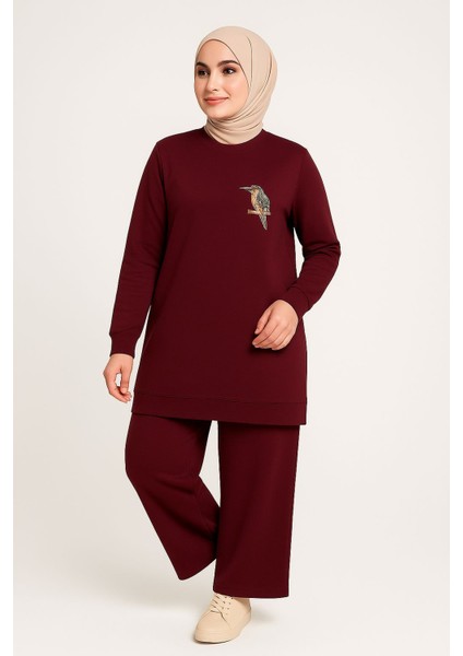 Kadın Bordo Tesettür Giyim Şık Zarif Kuş Taş Detaylı ve Bisiklet Yakatunik & Pantolon Ikili Takım fırsatları