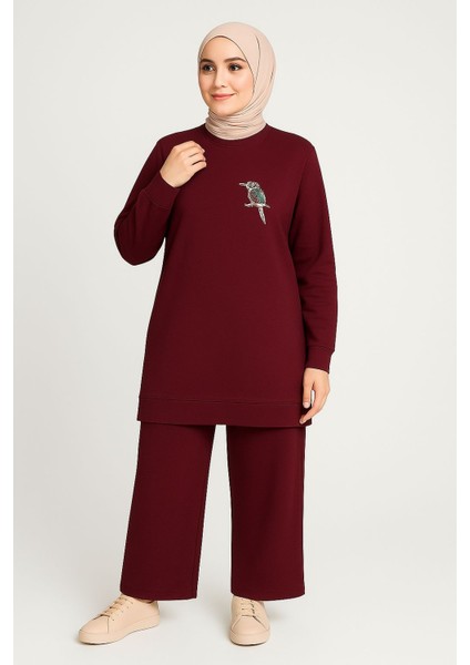Kadın Bordo Tesettür Giyim Şık Zarif Kuş Taş Detaylı ve Bisiklet Yakatunik & Pantolon Ikili Takım indirimleri