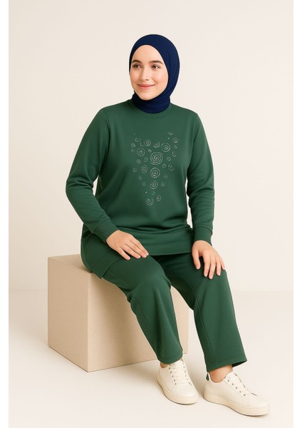 Kadın Yeşil Tesettür Giyim Zarif Önü Taş Detaylı ve Bisiklet Yakatunik & Pantolon Ikili Takım indirimleri