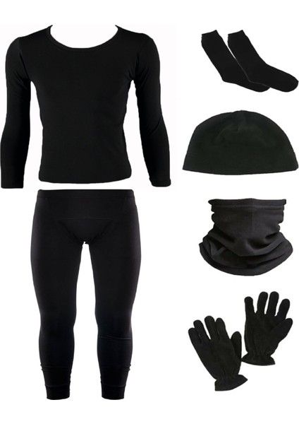 Siyah Termal Içlik Takımı Polar Boyunluk Bere Eldiven Çorap Seti