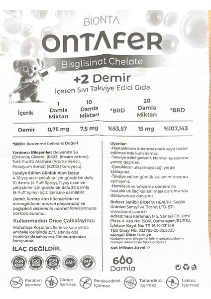 Ontafer Damla 30 ml Demir takviyesi Fe+2 fiyatları