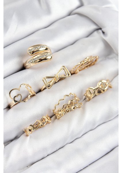 Pirinç Zirkon Taşlı Fiyonk ve Kalp Model Gold Renk Kadın Yüzük Kombin Set fiyatları