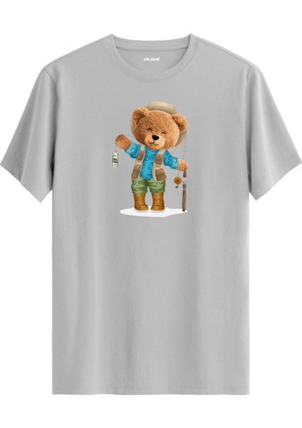 Balıkçı Ayıcık Baskılı Tişört - %100 Pamuk Ayıcık Tasarım T-Shirt