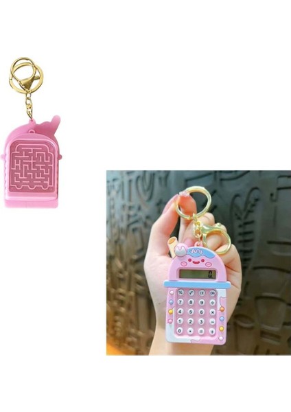 Pembe Karikatür Anahtarlık, Mini 8 Haneli Hesap Makinesi ve Labirent Oyunlu