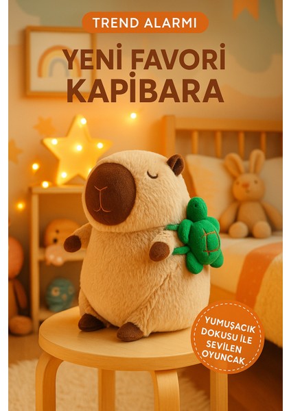 Sevimli Kapibara Peluş Oyuncak - Trend Peluş - Sırtında Kaplumbağa - Yumuşak ve Tatlı (32 Cm)