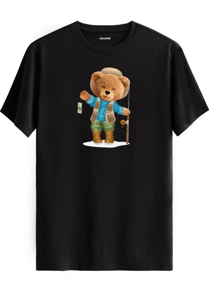 Balıkçı Ayıcık Baskılı Tişört - %100 Pamuk Ayıcık Tasarım T-Shirt