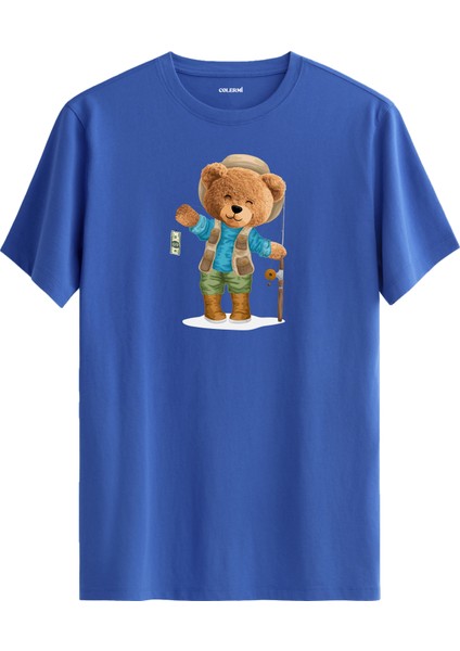 Balıkçı Ayıcık Baskılı Tişört - %100 Pamuk Ayıcık Tasarım T-Shirt