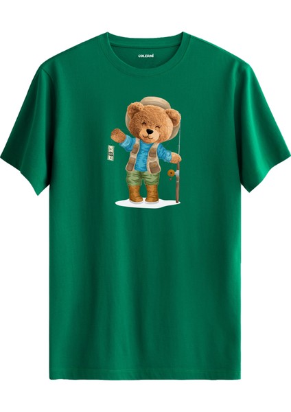 Balıkçı Ayıcık Baskılı Tişört - %100 Pamuk Ayıcık Tasarım T-Shirt