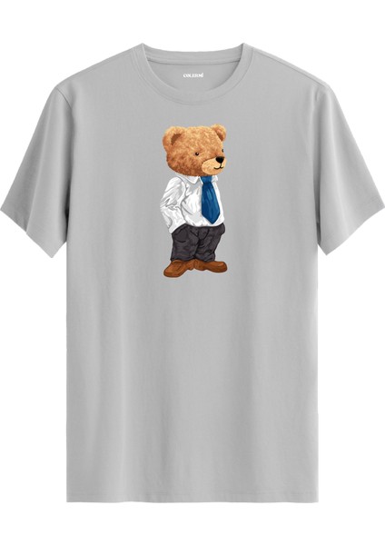 Ofis Tarzı Ayıcık Baskılı Tişört - %100 Pamuk Premium Kumaş Şık Giyimli Ayıcık Tasarım T-Shirt