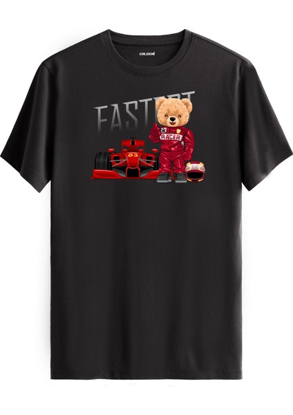 Formula Yarışçı Ayıcık Baskılı Tişört - %100 Pamuk Hız Temalı Tasarım T-Shirt