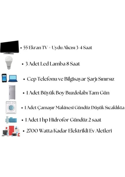 10.000 Watt Çamaşır Makinesi Solar Paketi 550W Güneş Paneli 2.7kw Inverter 200AH Jel Akü modelleri