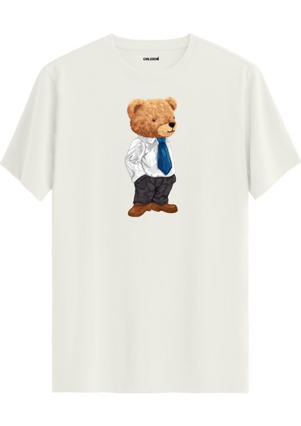 Ofis Tarzı Ayıcık Baskılı Tişört - %100 Pamuk Premium Kumaş Şık Giyimli Ayıcık Tasarım T-Shirt