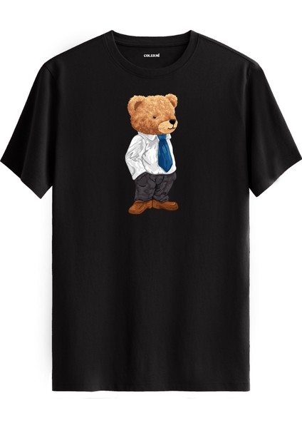 Ofis Tarzı Ayıcık Baskılı Tişört - %100 Pamuk Premium Kumaş Şık Giyimli Ayıcık Tasarım T-Shirt