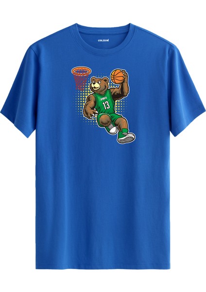 Yeşil Formayla Smaç Basan Basketbolcu Ayı Baskılı Tişört - %100 Pamuk Spor Tasarım T-Shirt