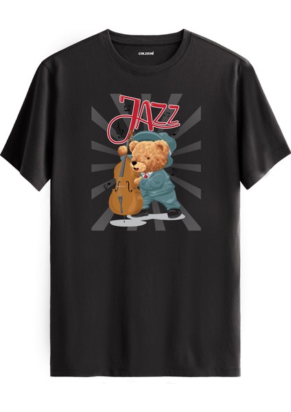 Cazcı Ayıcık Jazz Kontrbas Baskılı Tişört - %100 Pamuk Tasarım T-Shirt