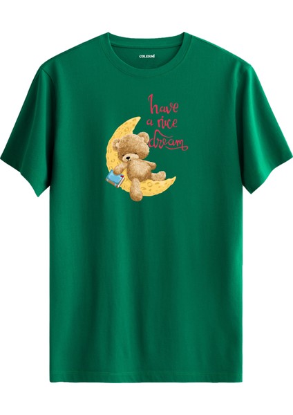 Ayda Uyuyan Ayıcık Baskılı Tişört - Have A Nice Dream Tasarım T-Shirt