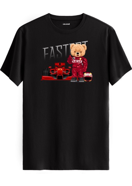 Formula Yarışçı Ayıcık Baskılı Tişört - %100 Pamuk Hız Temalı Tasarım T-Shirt
