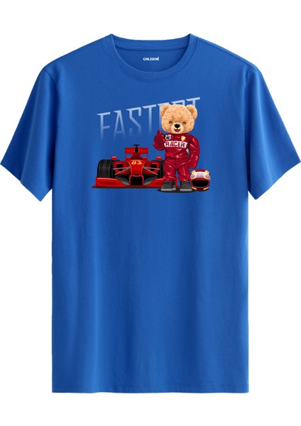 Formula Yarışçı Ayıcık Baskılı Tişört - %100 Pamuk Hız Temalı Tasarım T-Shirt
