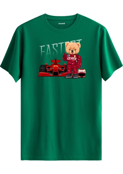 Formula Yarışçı Ayıcık Baskılı Tişört - %100 Pamuk Hız Temalı Tasarım T-Shirt