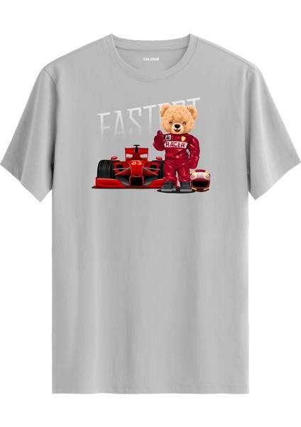 Formula Yarışçı Ayıcık Baskılı Tişört - %100 Pamuk Hız Temalı Tasarım T-Shirt