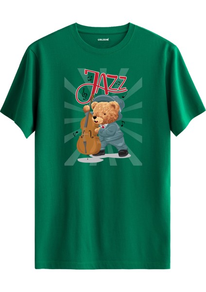 Cazcı Ayıcık Jazz Kontrbas Baskılı Tişört - %100 Pamuk Tasarım T-Shirt