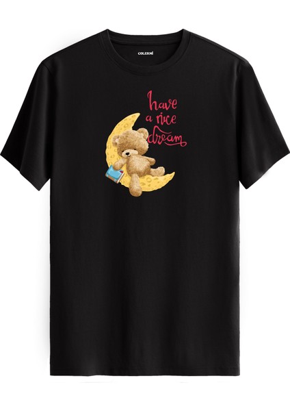 Ayda Uyuyan Ayıcık Baskılı Tişört - Have A Nice Dream Tasarım T-Shirt