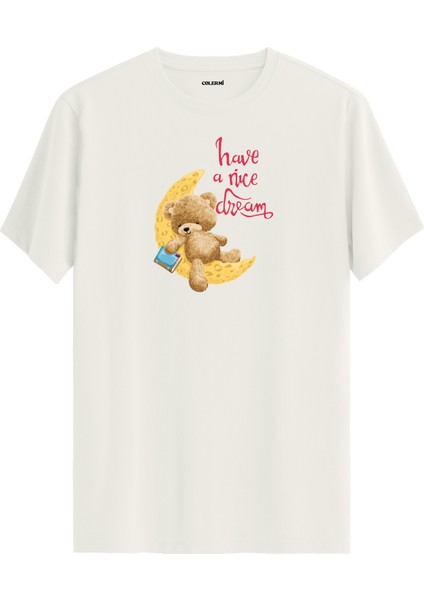 Ayda Uyuyan Ayıcık Baskılı Tişört - Have A Nice Dream Tasarım T-Shirt