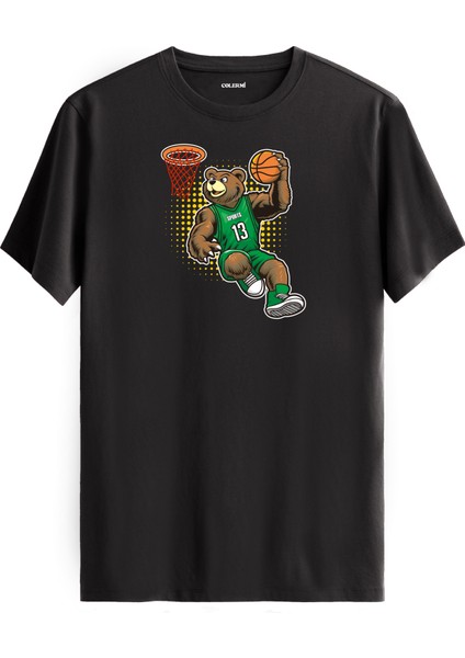 Yeşil Formayla Smaç Basan Basketbolcu Ayı Baskılı Tişört - %100 Pamuk Spor Tasarım T-Shirt