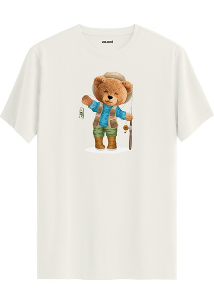 Balıkçı Ayıcık Baskılı Tişört - %100 Pamuk Ayıcık Tasarım T-Shirt