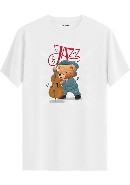 Cazcı Ayıcık Jazz Kontrbas Baskılı Tişört - %100 Pamuk Tasarım T-Shirt