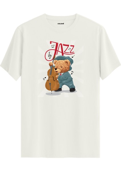 Cazcı Ayıcık Jazz Kontrbas Baskılı Tişört - %100 Pamuk Tasarım T-Shirt
