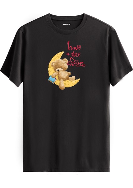 Ayda Uyuyan Ayıcık Baskılı Tişört - Have A Nice Dream Tasarım T-Shirt