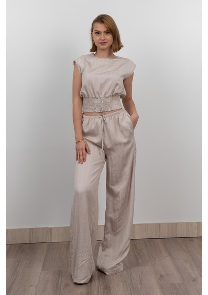 Beli Gipeli Çizgili Üst ve Cepli Pantolon Takım 1247