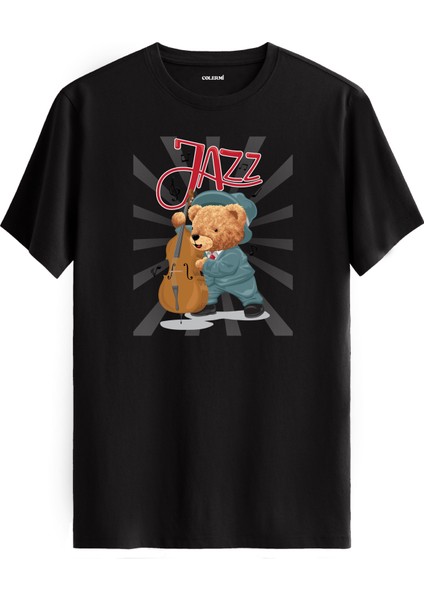 Cazcı Ayıcık Jazz Kontrbas Baskılı Tişört - %100 Pamuk Tasarım T-Shirt