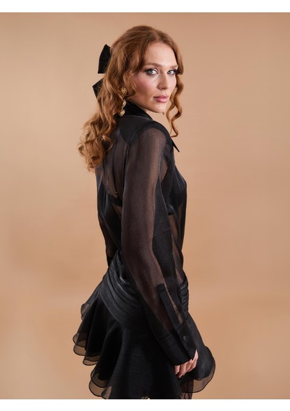 Organze Gömlek Detay Volanlı Mini Elbise Siyah