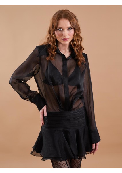 Organze Gömlek Detay Volanlı Mini Elbise Siyah fiyatları