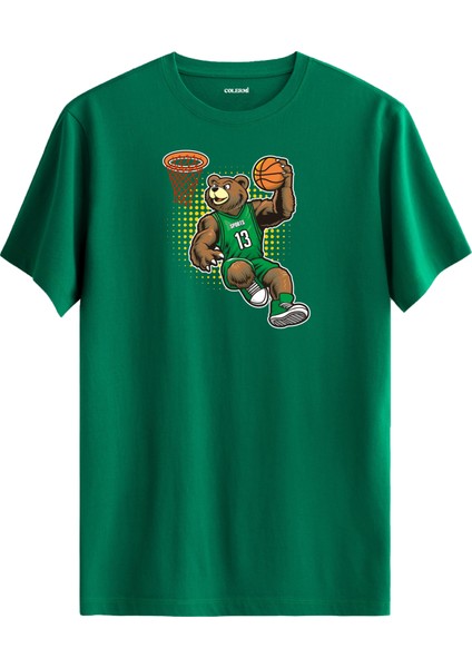 Yeşil Formayla Smaç Basan Basketbolcu Ayı Baskılı Tişört - %100 Pamuk Spor Tasarım T-Shirt