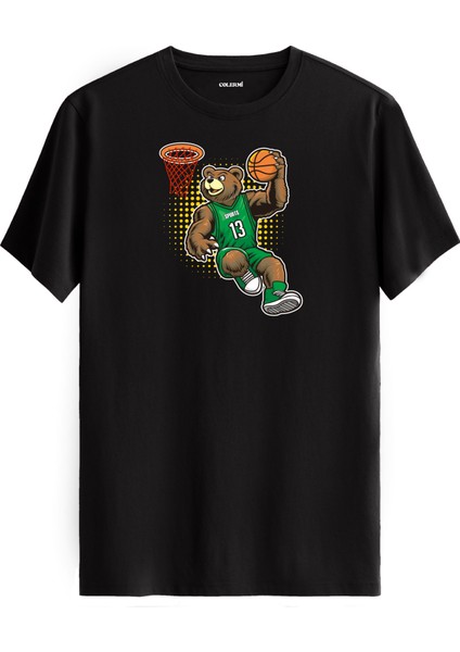 Yeşil Formayla Smaç Basan Basketbolcu Ayı Baskılı Tişört - %100 Pamuk Spor Tasarım T-Shirt