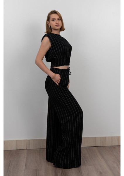 Beli Gipeli Çizgili Üst ve Cepli Pantolon Takım 1247