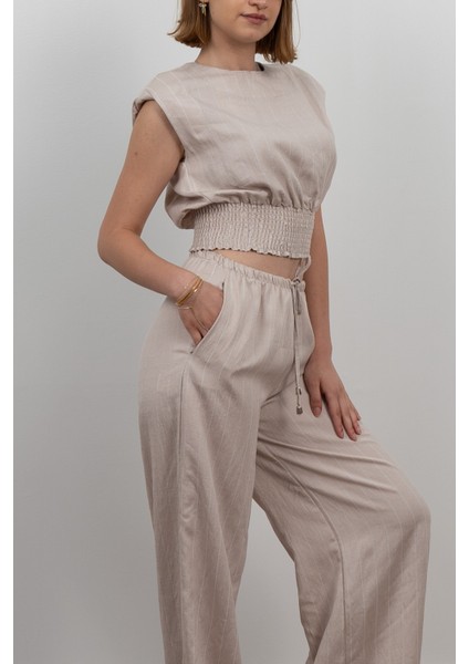 Beli Gipeli Çizgili Üst ve Cepli Pantolon Takım 1247 fırsatları