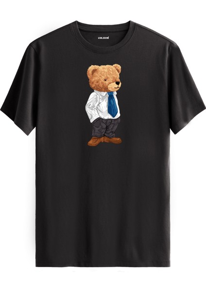 Ofis Tarzı Ayıcık Baskılı Tişört - %100 Pamuk Premium Kumaş Şık Giyimli Ayıcık Tasarım T-Shirt