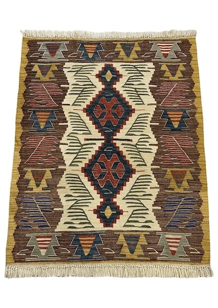 El Dokuma Uşak Kilimi 94X123 Krem Kahve Kök Boya %100 Yün Kilim