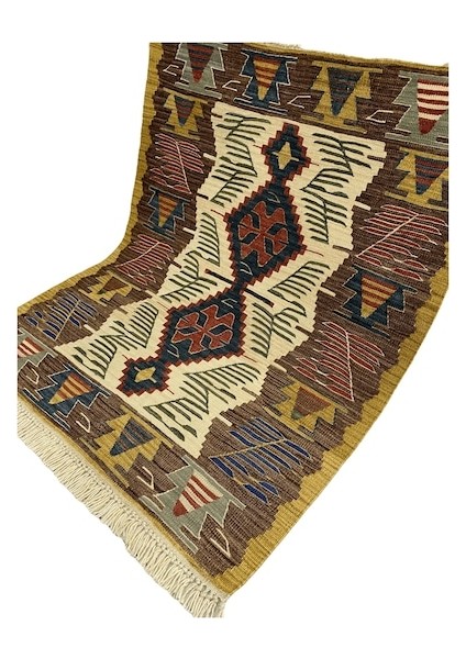El Dokuma Uşak Kilimi 94X123 Krem Kahve Kök Boya %100 Yün Kilim fırsatları