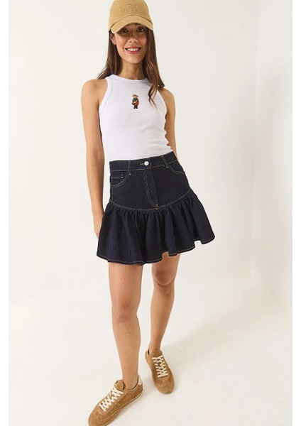 Kadın Volanlı Cep Detaylı %100 Pamuk Lacivert Denim Mini Etek