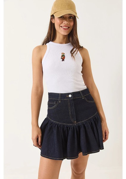 Kadın Volanlı Cep Detaylı %100 Pamuk Lacivert Denim Mini Etek fiyatları